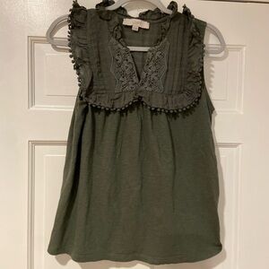 LOFT Olive Green Sleeveless Lace Trim Tank Top | Size S